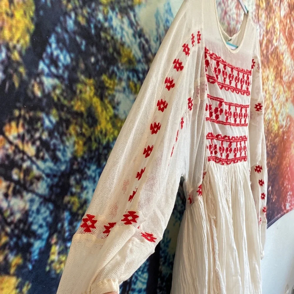 Free People Cream and Red Embroidered sheer Long Sleeve Dress - Picture 7 of 16